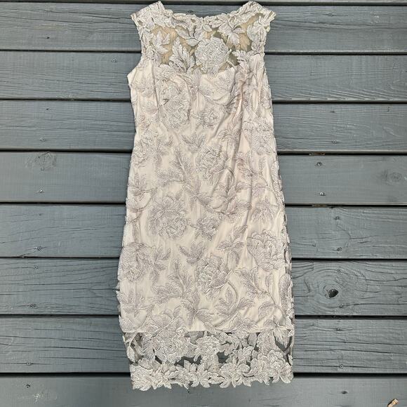 Tadashi Shoji Chloe Embroidered Lace Tulle Illusion Boat Neck Gold Dress 10 - Picture 8 of 16